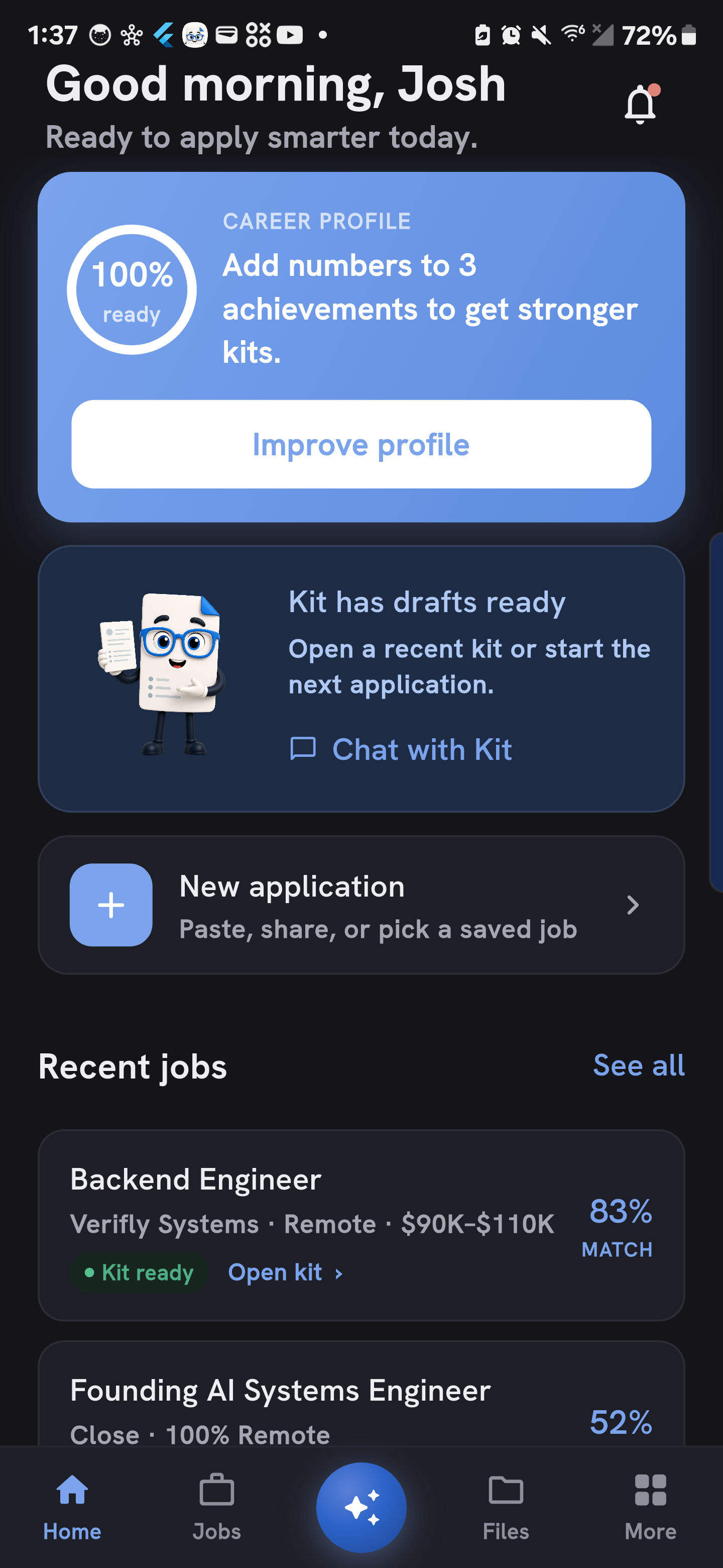 Kivo Android app home screen showing career profile and application kit actions