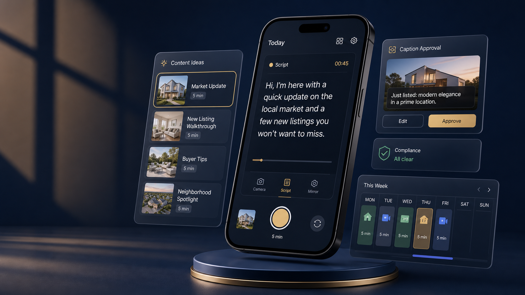 Agent Wheelhouse platform showing content ideas, recording workflow, and approval tools