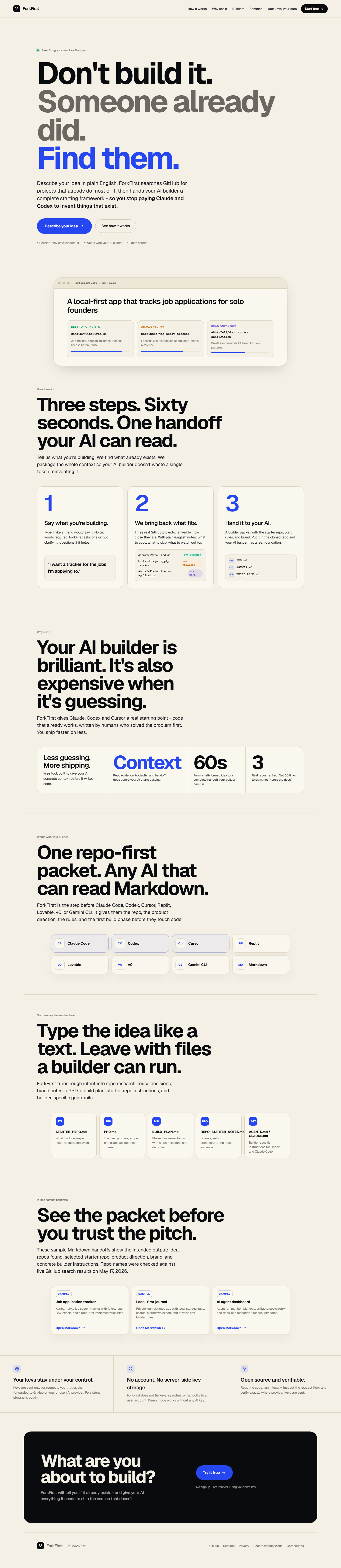 ForkFirst landing page showing repo-first app research