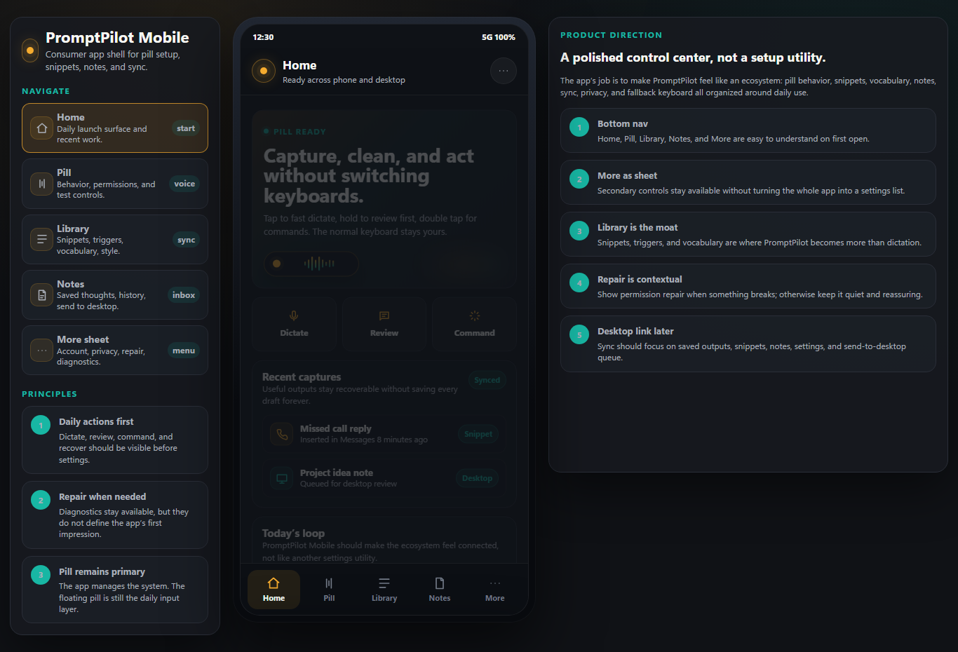 PromptPilot mobile product direction mockup