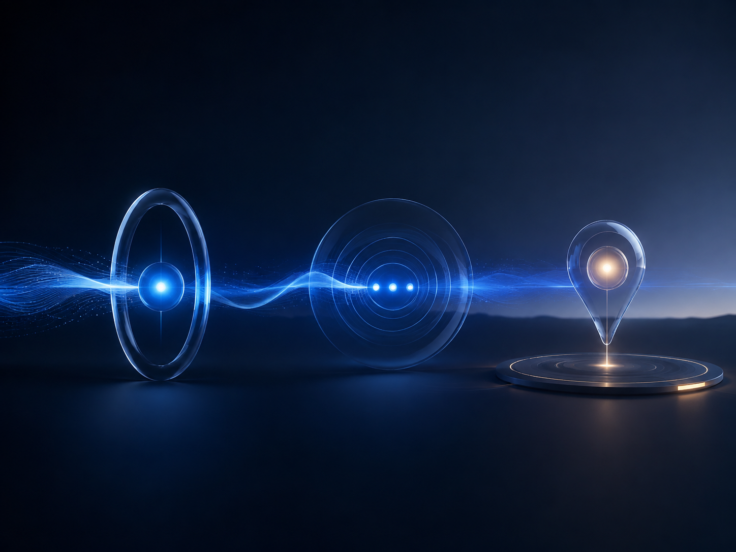 Abstract blue signal moving through connected stages toward a clear next action