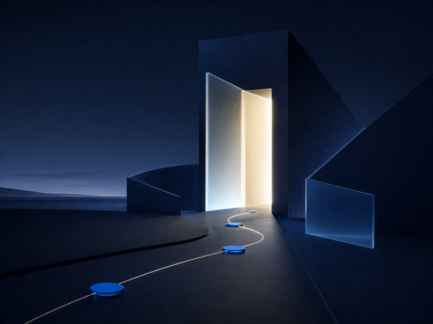 Abstract illuminated doorway and path representing a clear public customer journey